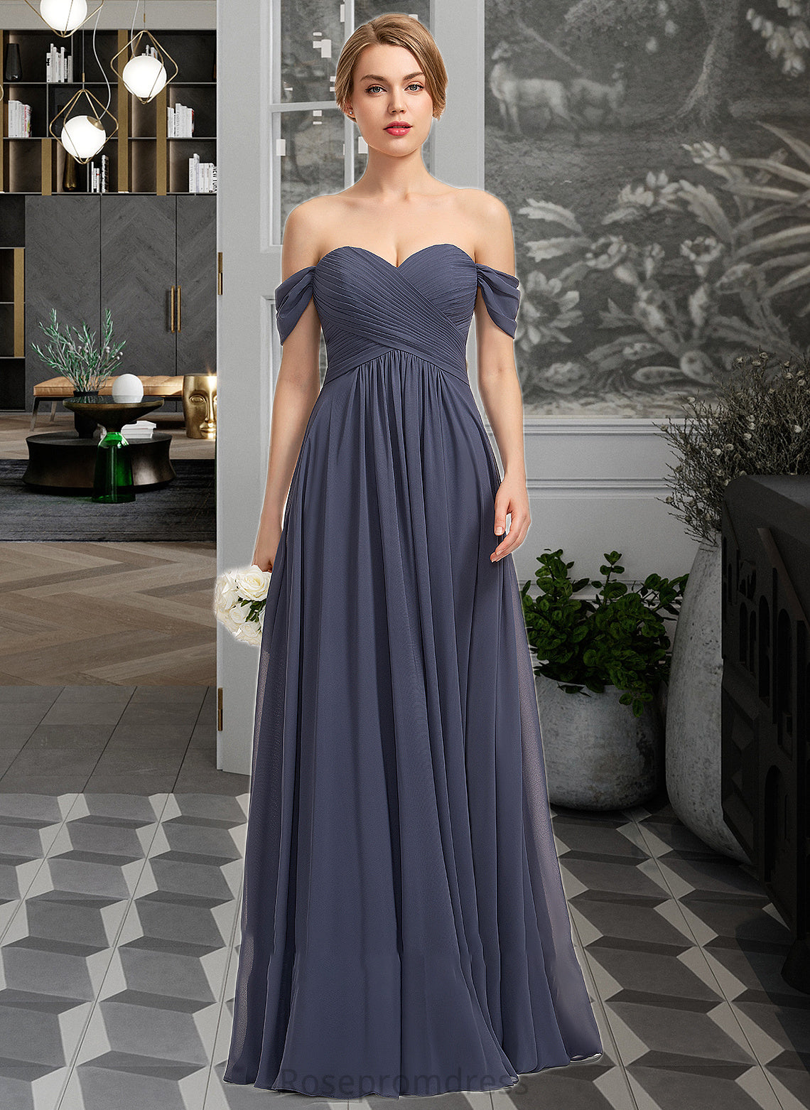 Karsyn A-line Off the Shoulder Floor-Length Chiffon Bridesmaid Dress With Ruffle SRSP0012924
