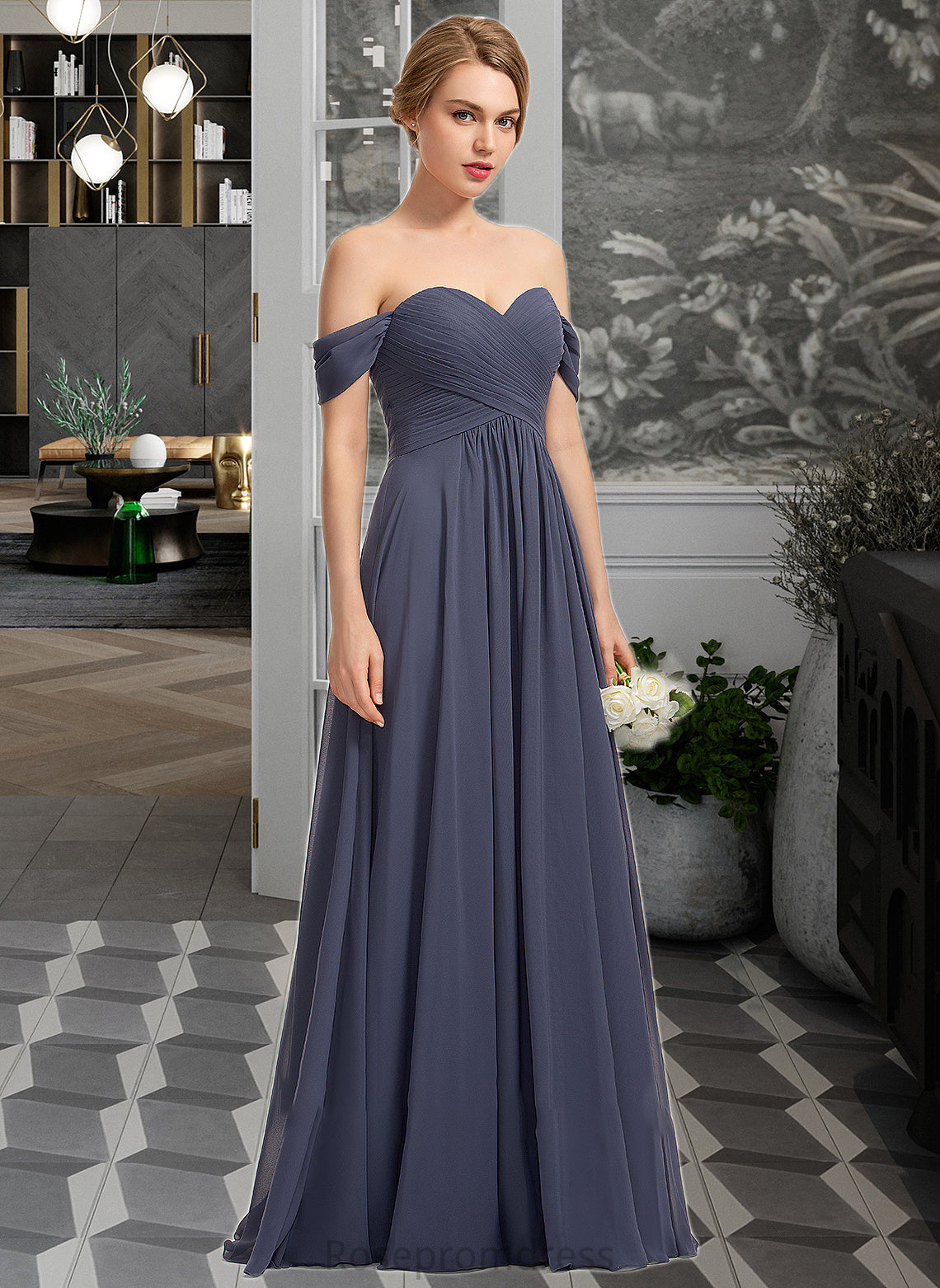Karsyn A-line Off the Shoulder Floor-Length Chiffon Bridesmaid Dress With Ruffle SRSP0012924
