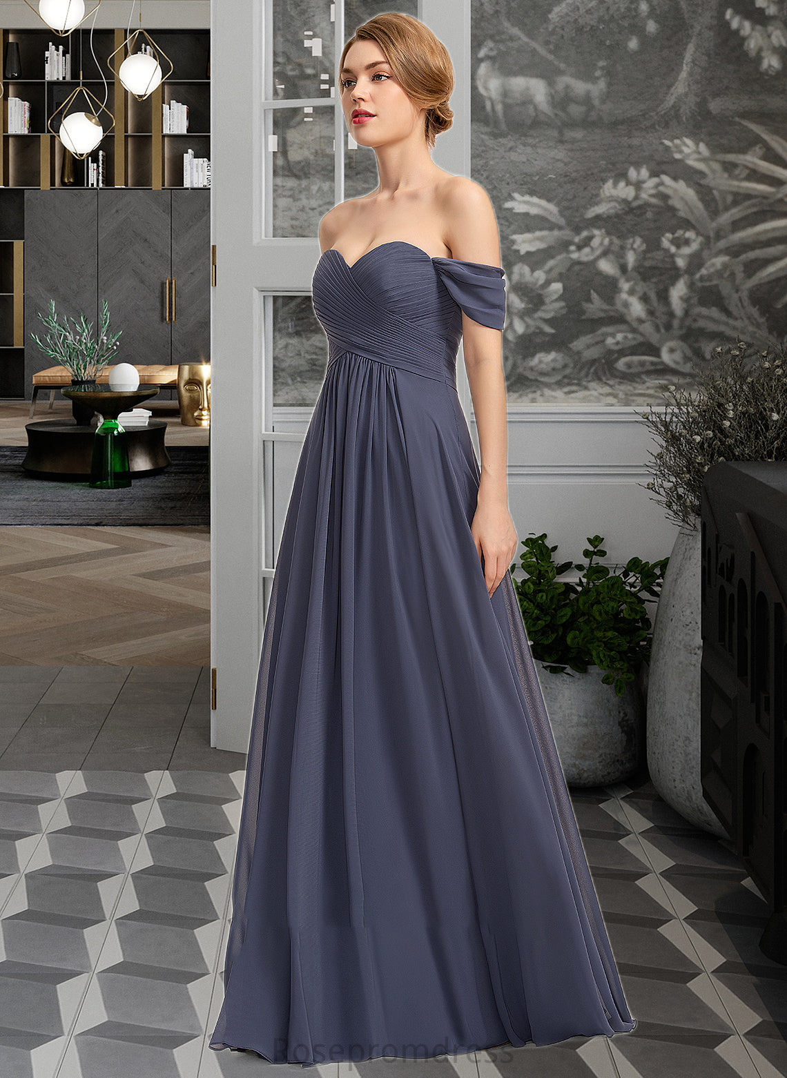 Karsyn A-line Off the Shoulder Floor-Length Chiffon Bridesmaid Dress With Ruffle SRSP0012924