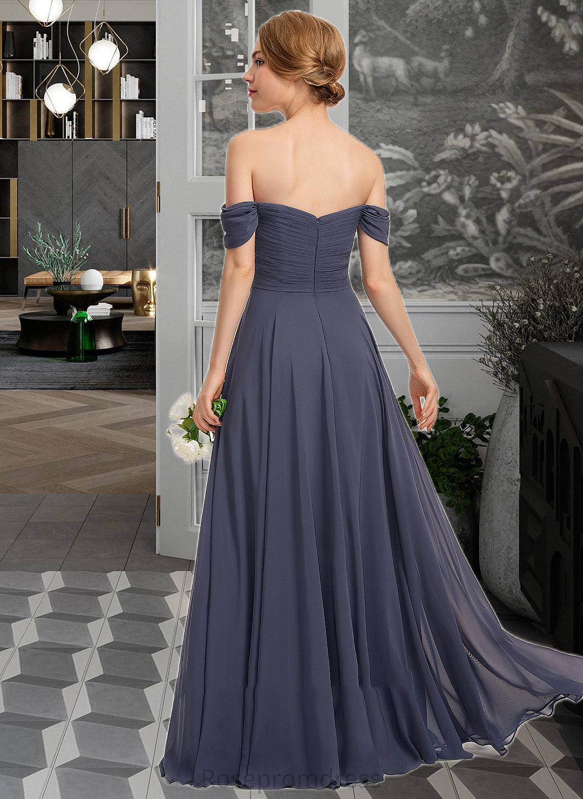 Karsyn A-line Off the Shoulder Floor-Length Chiffon Bridesmaid Dress With Ruffle SRSP0012924
