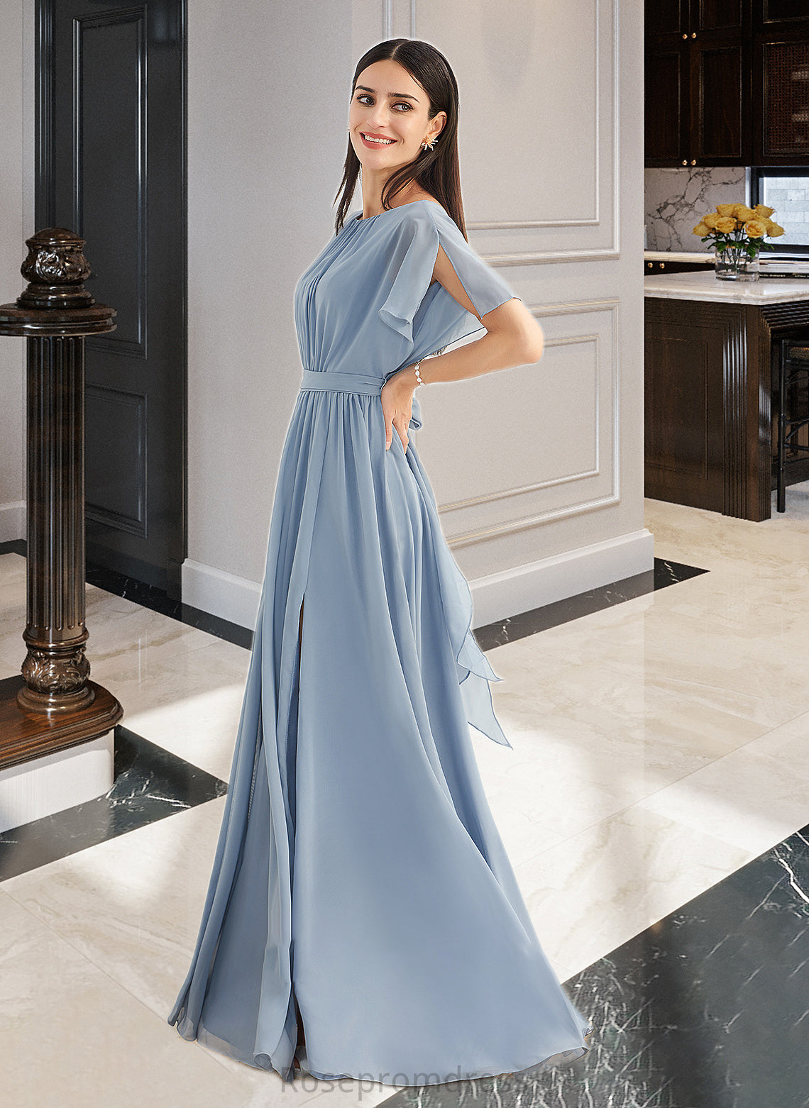 Brenda A-Line Floor-Length Bridesmaid Dress With Ruffle Split Front SRSP0012925