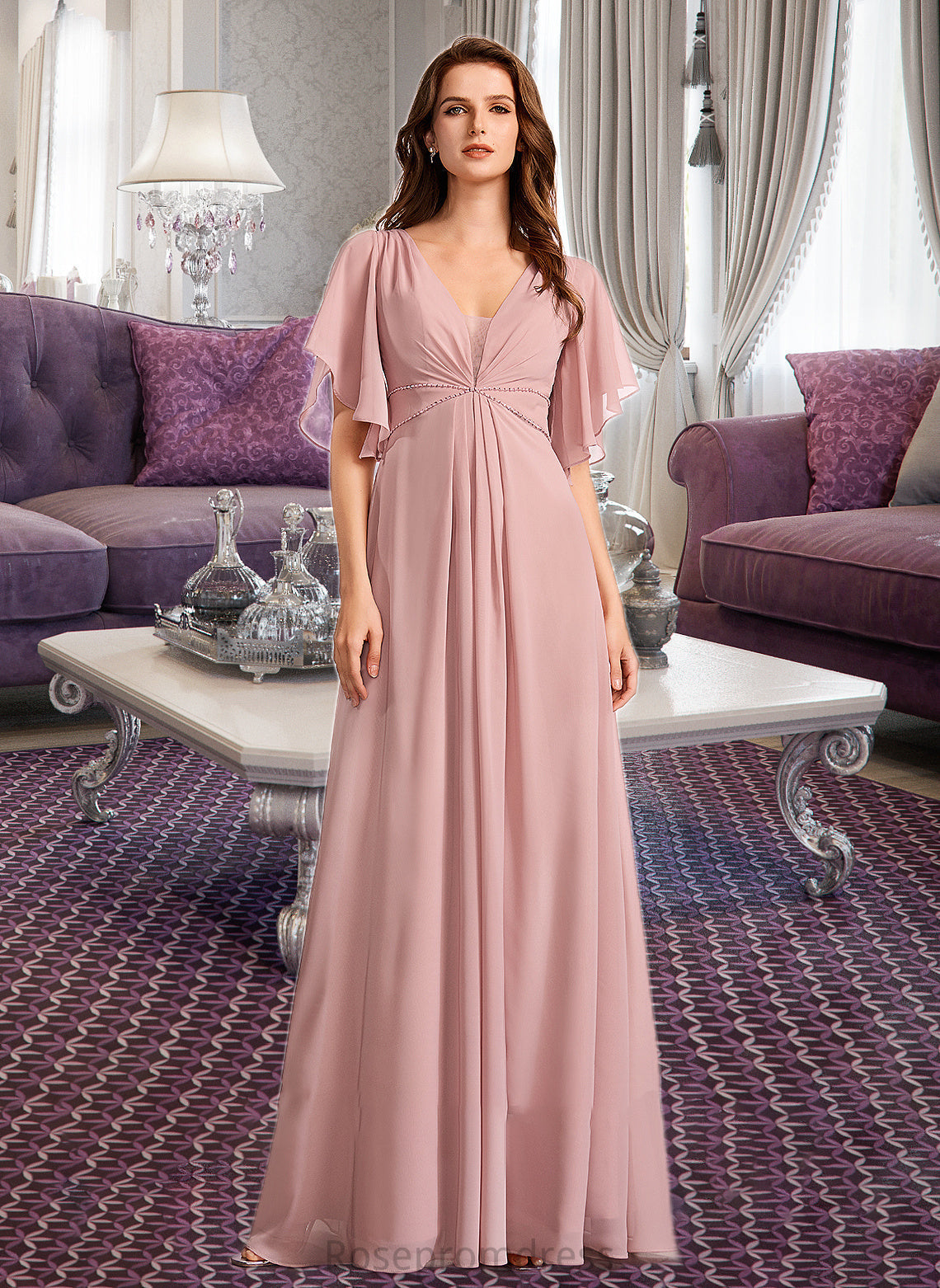 Adelyn A-Line V-neck Floor-Length Bridesmaid Dress SRSP0012927