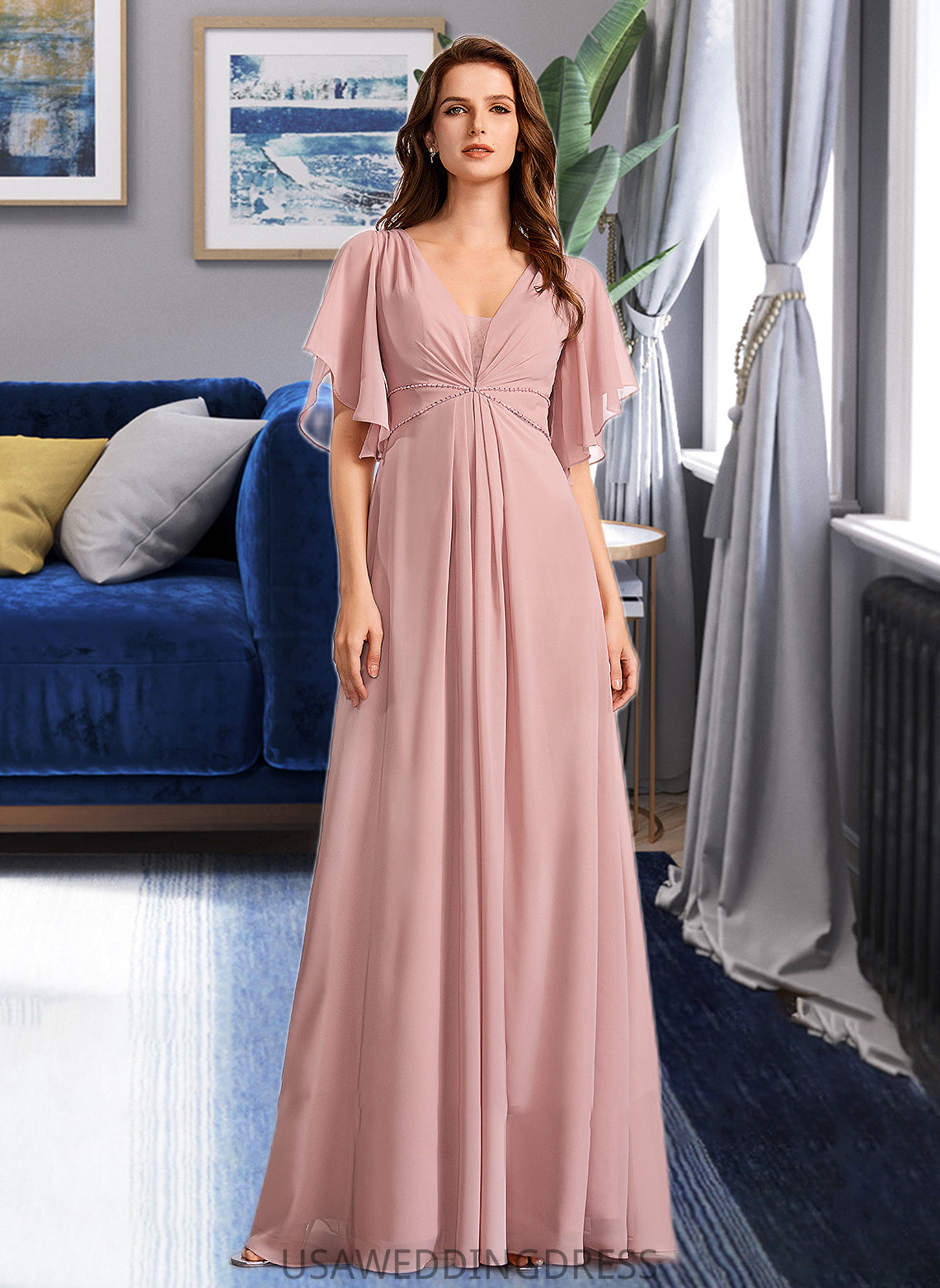 Hayley A-Line V-neck Floor-Length Bridesmaid Dress DSP0012927
