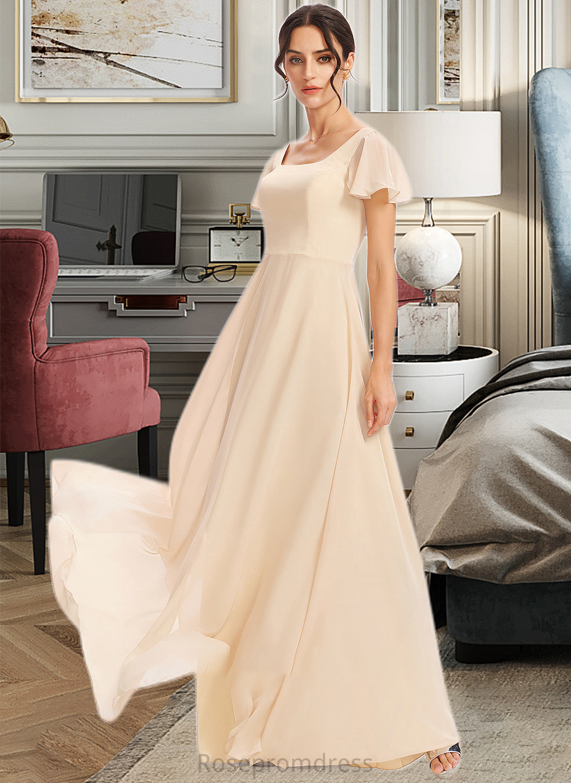 Ellen A-Line Square Neckline Floor-Length Bridesmaid Dress With Cascading Ruffles SRSP0012928