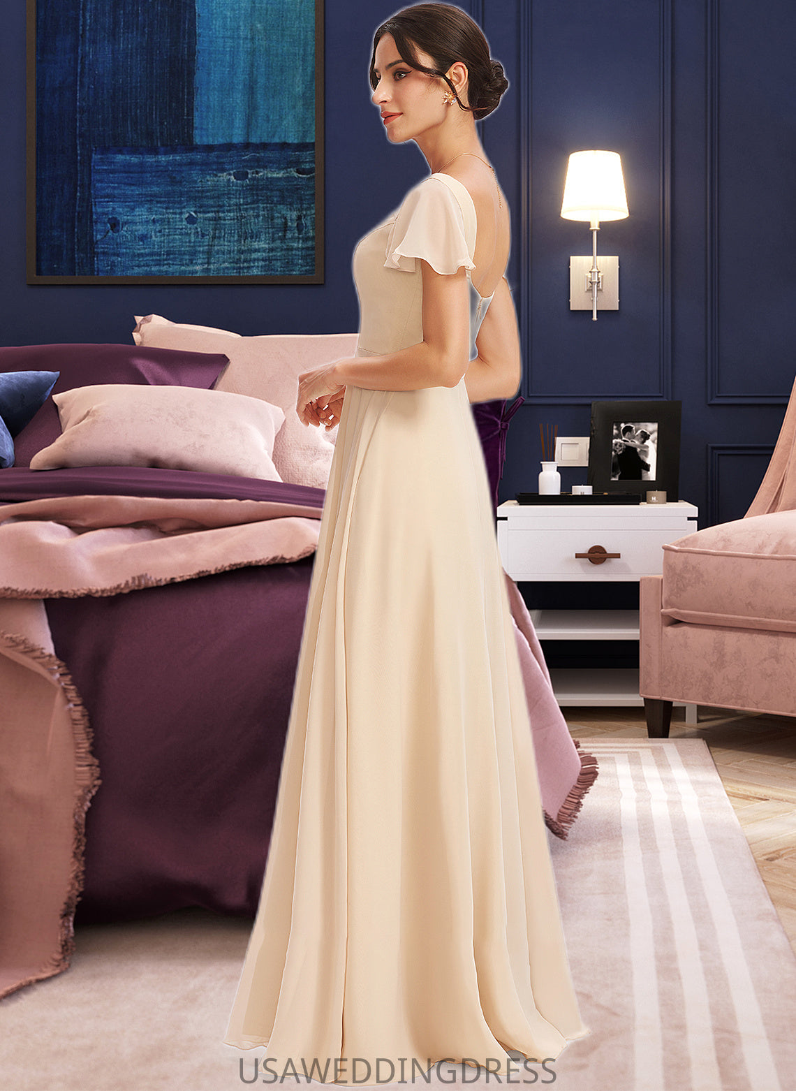 Evelyn A-Line Square Neckline Floor-Length Bridesmaid Dress With Cascading Ruffles DSP0012928