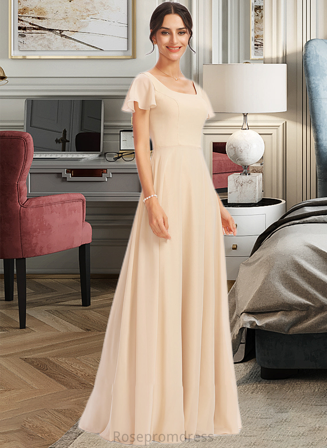 Ellen A-Line Square Neckline Floor-Length Bridesmaid Dress With Cascading Ruffles SRSP0012928