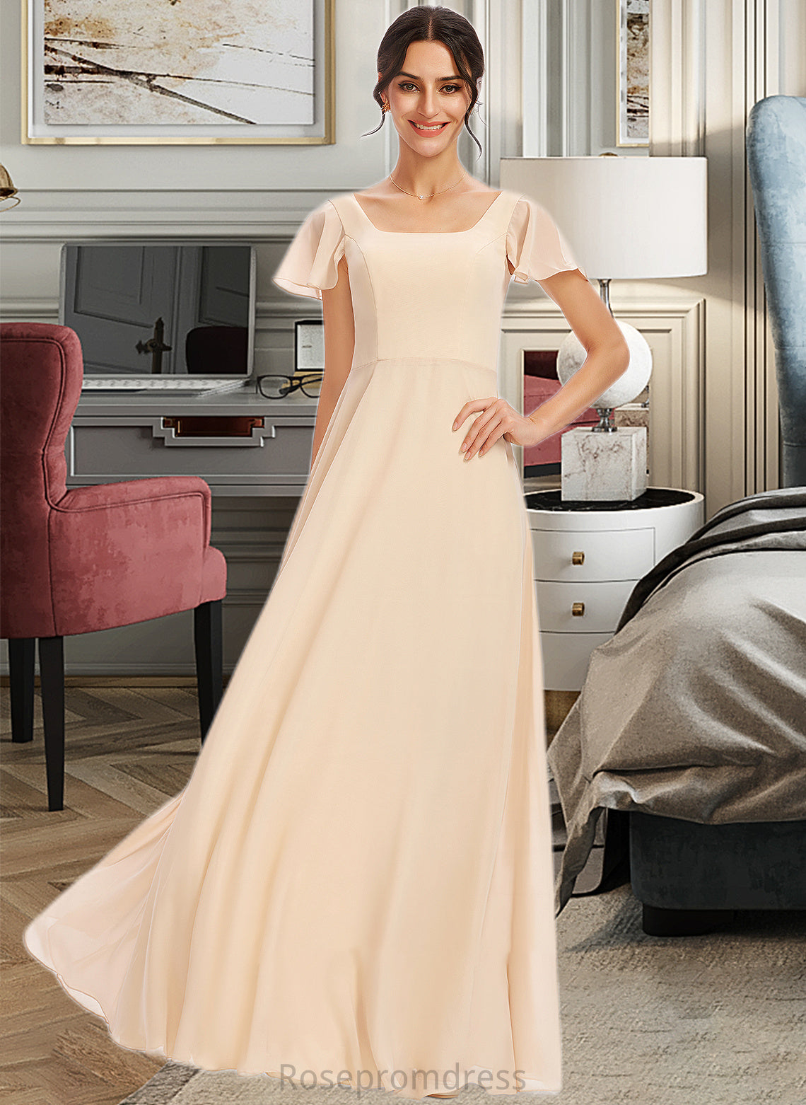 Ellen A-Line Square Neckline Floor-Length Bridesmaid Dress With Cascading Ruffles SRSP0012928