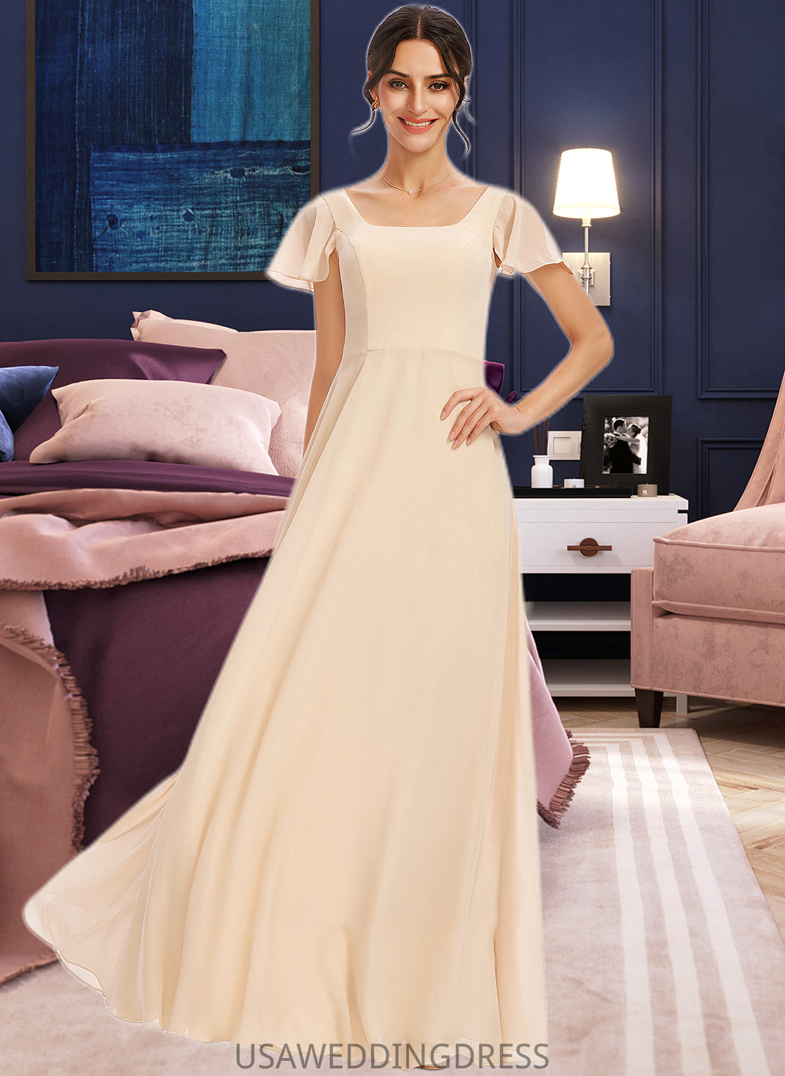 Evelyn A-Line Square Neckline Floor-Length Bridesmaid Dress With Cascading Ruffles DSP0012928