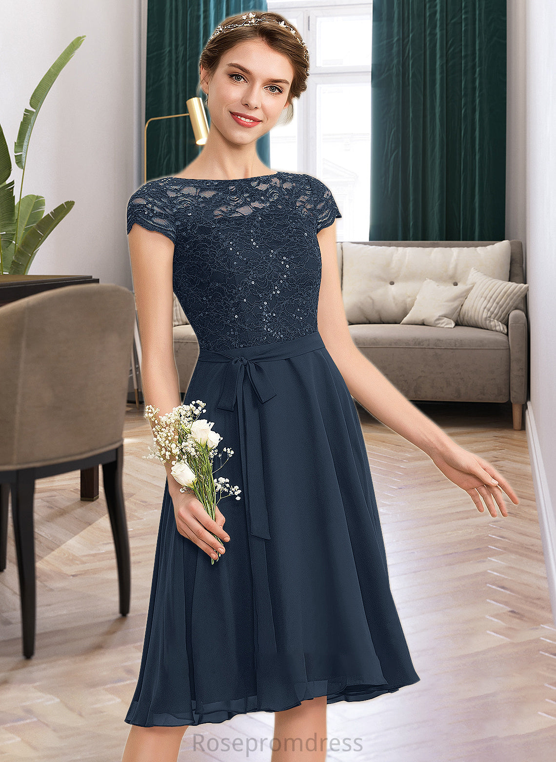 Jadyn A-Line Scoop Neck Knee-Length Chiffon Lace Bridesmaid Dress With Sequins Bow(s) SRSP0012929
