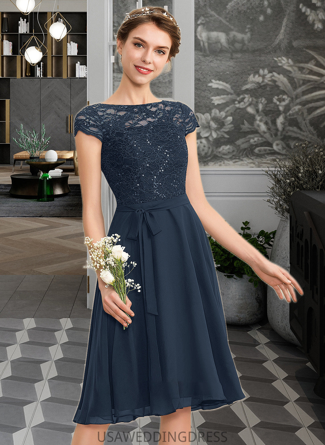 Evangeline A-Line Scoop Neck Knee-Length Chiffon Lace Bridesmaid Dress With Sequins Bow(s) DSP0012929
