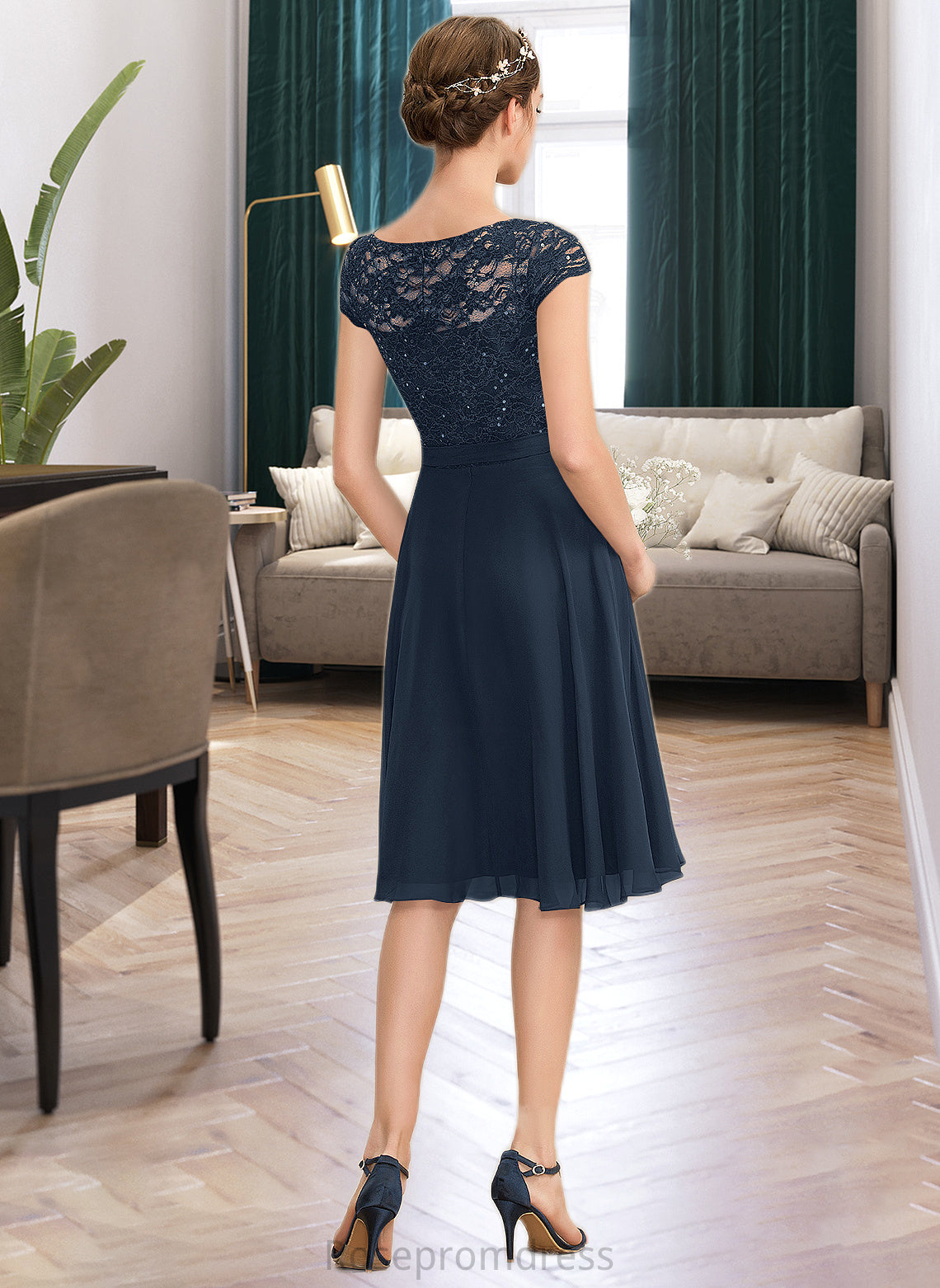 Jadyn A-Line Scoop Neck Knee-Length Chiffon Lace Bridesmaid Dress With Sequins Bow(s) SRSP0012929