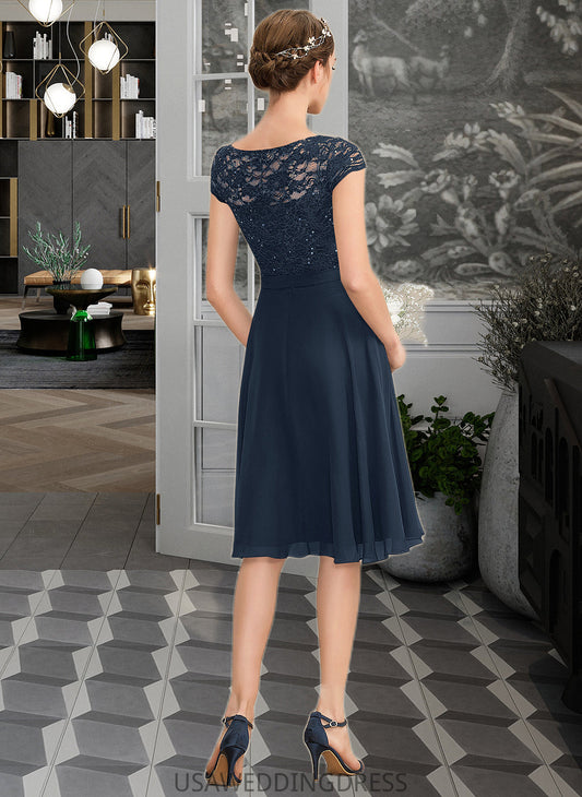 Evangeline A-Line Scoop Neck Knee-Length Chiffon Lace Bridesmaid Dress With Sequins Bow(s) DSP0012929