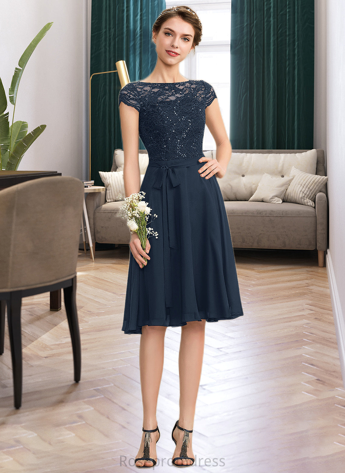 Jadyn A-Line Scoop Neck Knee-Length Chiffon Lace Bridesmaid Dress With Sequins Bow(s) SRSP0012929