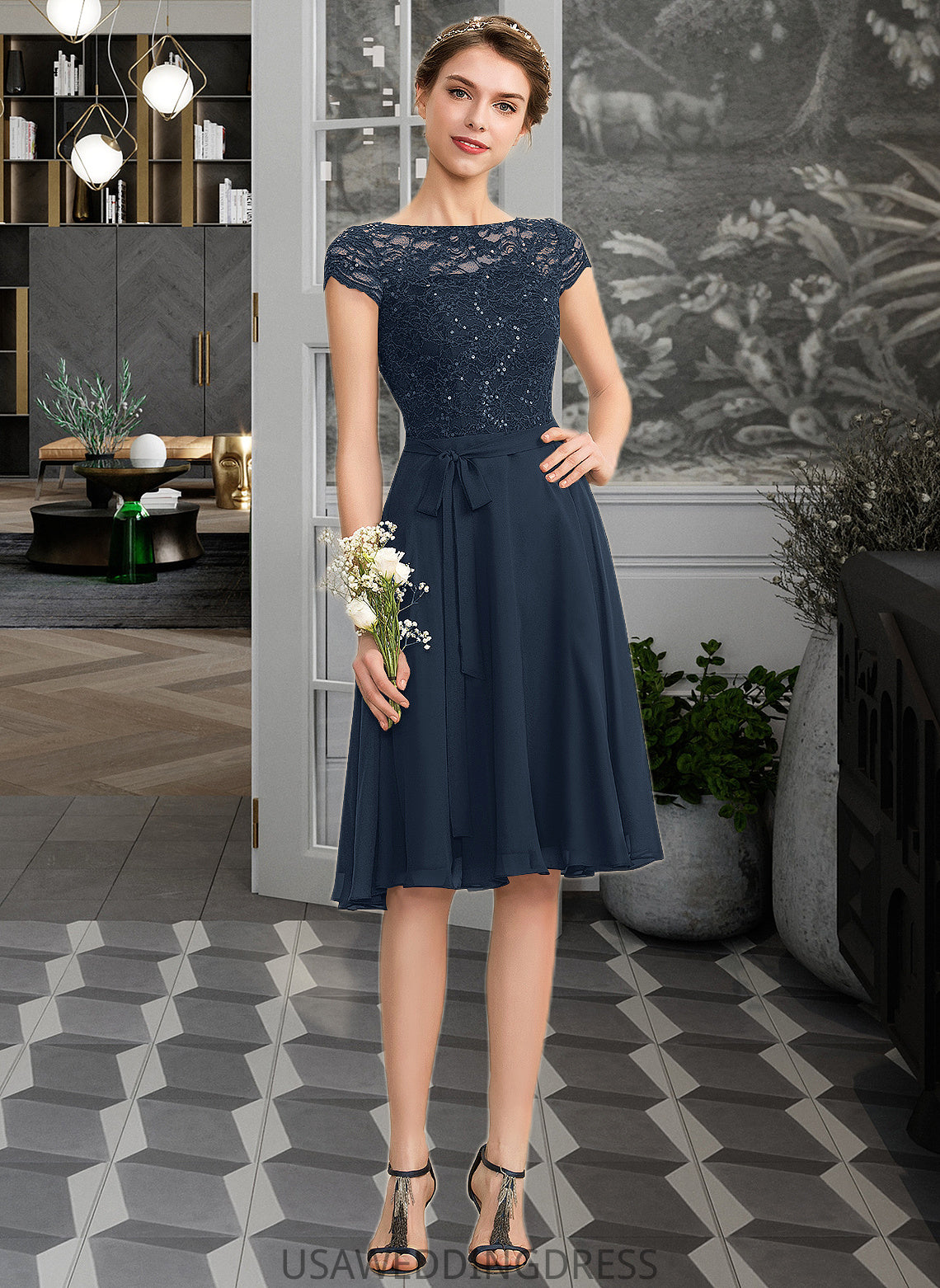 Evangeline A-Line Scoop Neck Knee-Length Chiffon Lace Bridesmaid Dress With Sequins Bow(s) DSP0012929