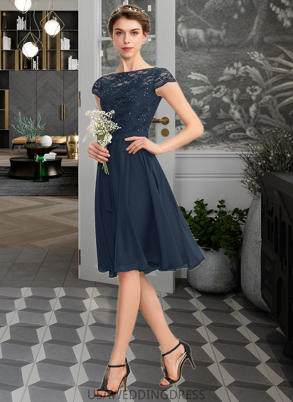 Evangeline A-Line Scoop Neck Knee-Length Chiffon Lace Bridesmaid Dress With Sequins Bow(s) DSP0012929