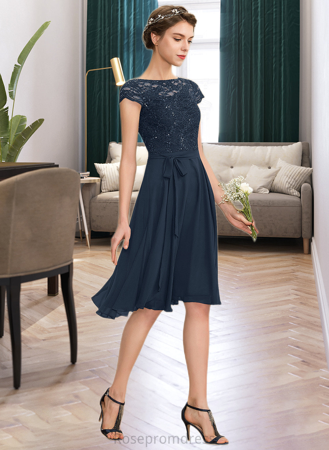 Jadyn A-Line Scoop Neck Knee-Length Chiffon Lace Bridesmaid Dress With Sequins Bow(s) SRSP0012929