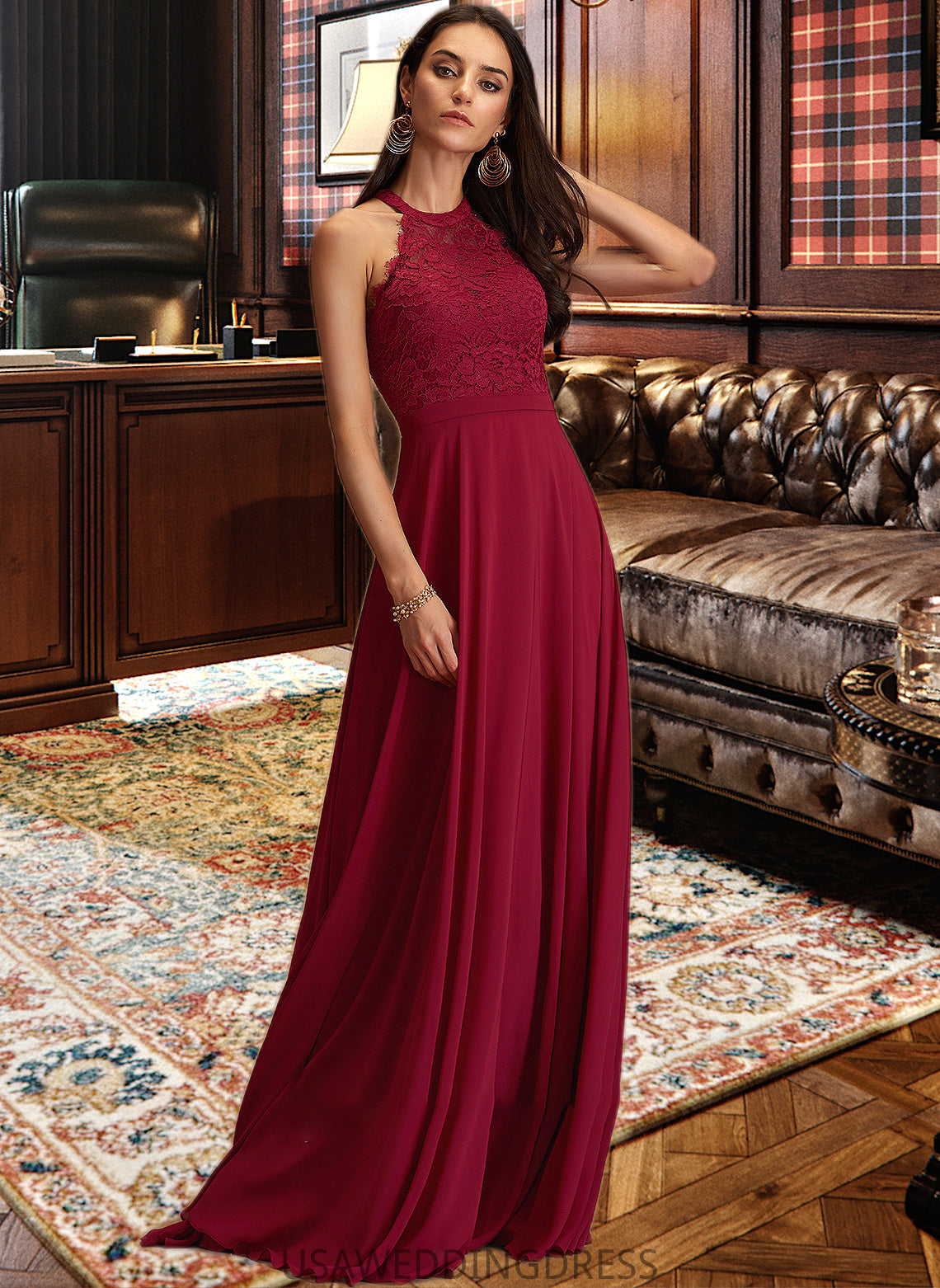 Lacey A-Line Scoop Neck Floor-Length Chiffon Bridesmaid Dress With Lace DSP0012931