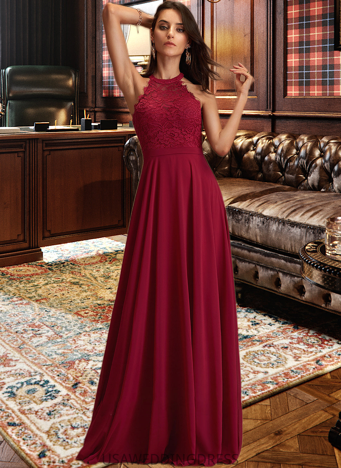 Lacey A-Line Scoop Neck Floor-Length Chiffon Bridesmaid Dress With Lace DSP0012931