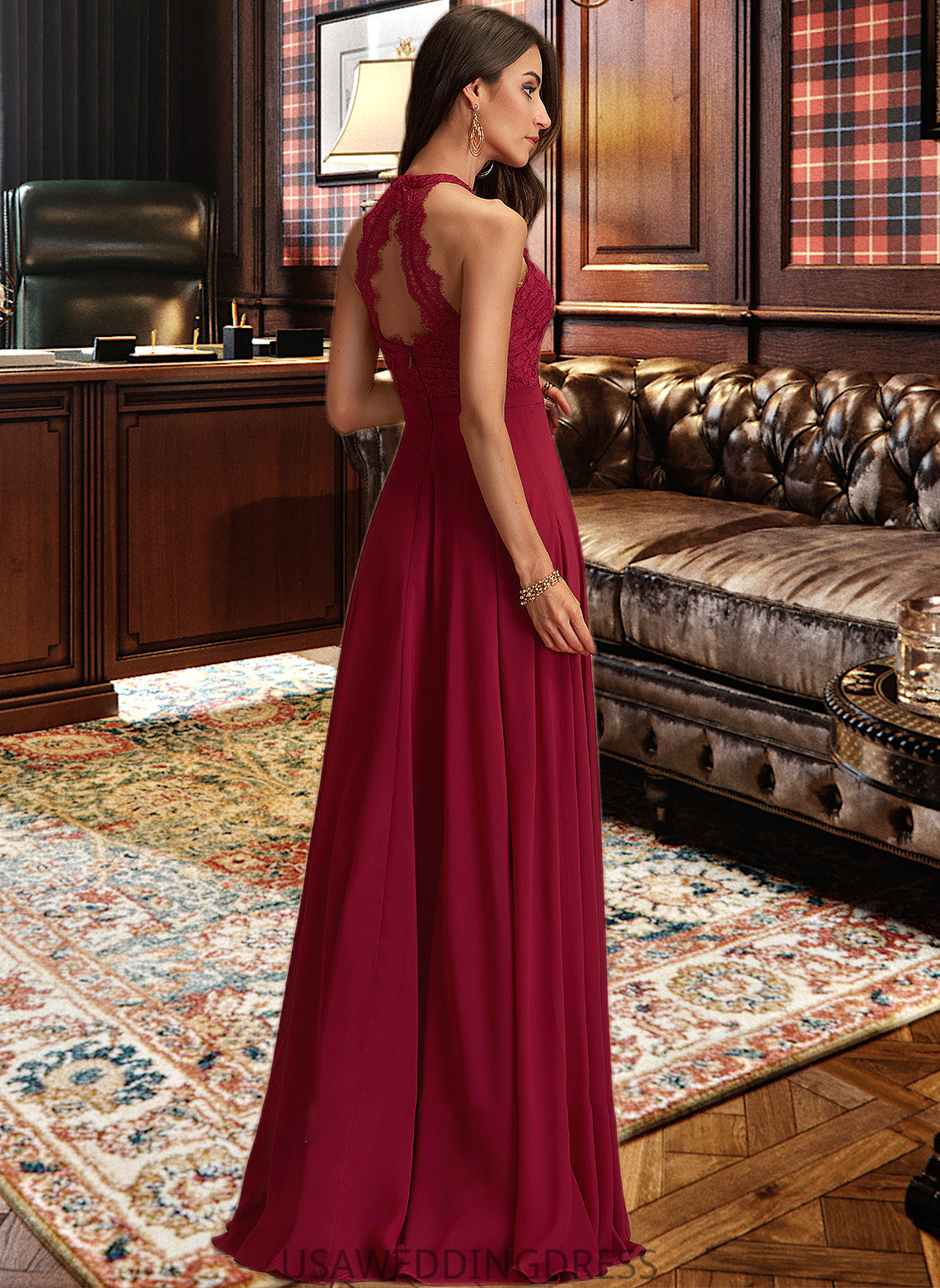 Lacey A-Line Scoop Neck Floor-Length Chiffon Bridesmaid Dress With Lace DSP0012931