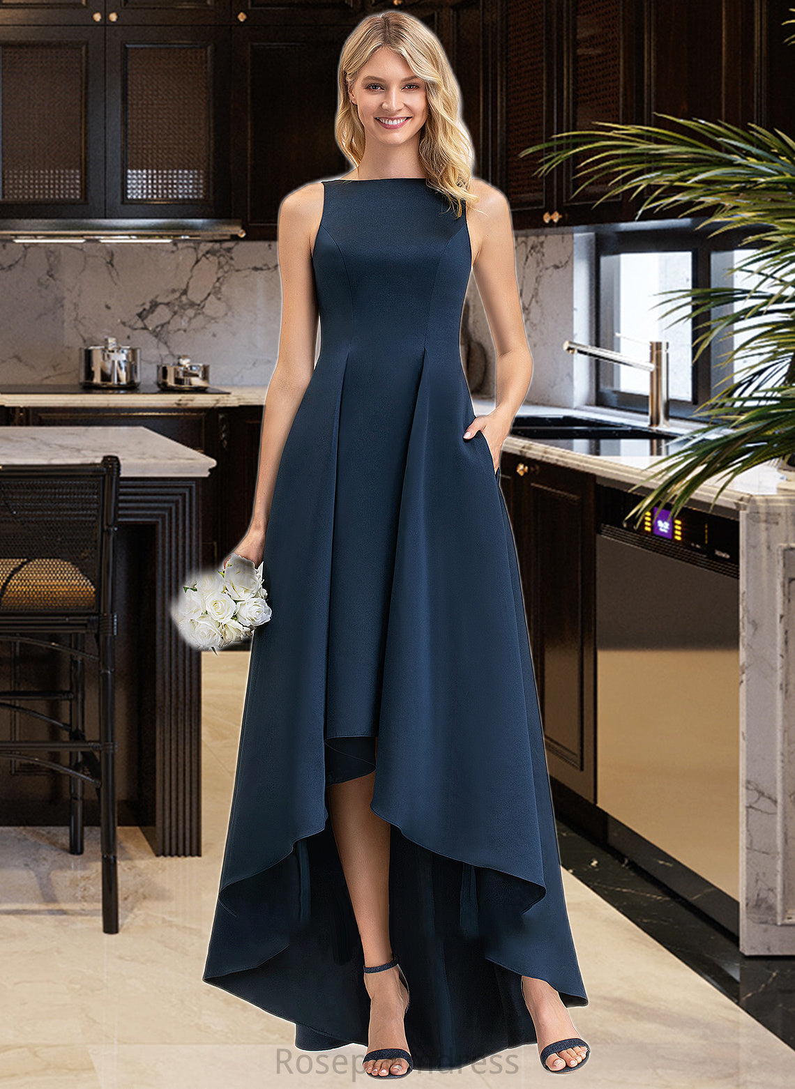 Lea A-Line Scoop Neck Asymmetrical Satin Bridesmaid Dress With Pockets SRSP0012932