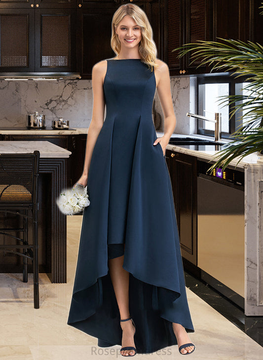 Lea A-Line Scoop Neck Asymmetrical Satin Bridesmaid Dress With Pockets SRSP0012932