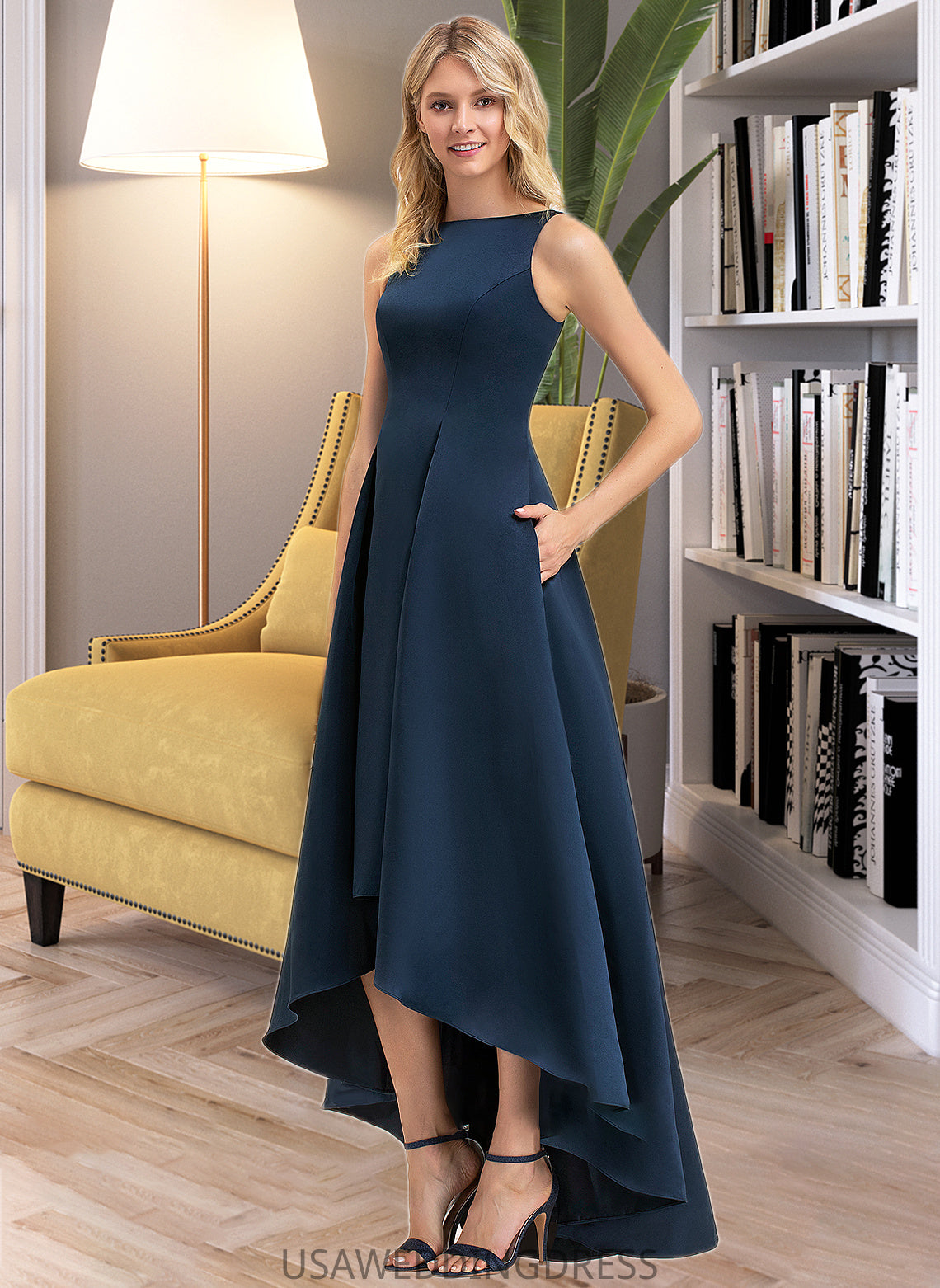 Macie A-Line Scoop Neck Asymmetrical Satin Bridesmaid Dress With Pockets DSP0012932