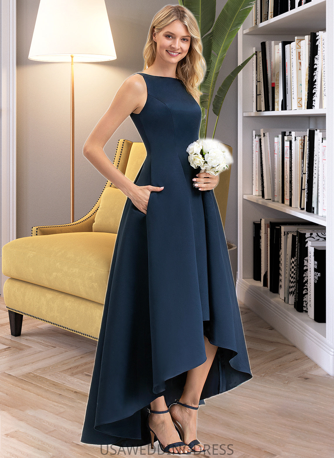Macie A-Line Scoop Neck Asymmetrical Satin Bridesmaid Dress With Pockets DSP0012932