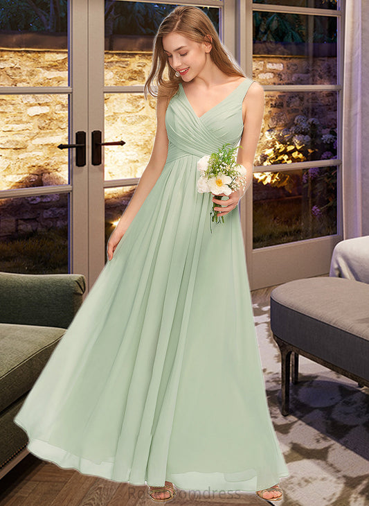 Millicent A-Line V-neck Floor-Length Chiffon Bridesmaid Dress With Ruffle Split Front SRSP0012933