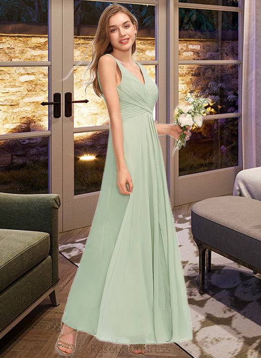 Millicent A-Line V-neck Floor-Length Chiffon Bridesmaid Dress With Ruffle Split Front SRSP0012933