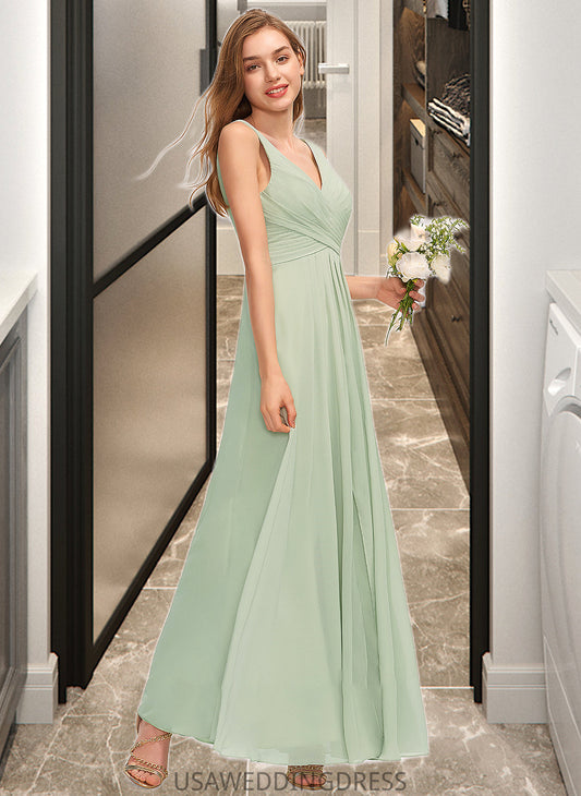 Henrietta A-Line V-neck Floor-Length Chiffon Bridesmaid Dress With Ruffle Split Front DSP0012933