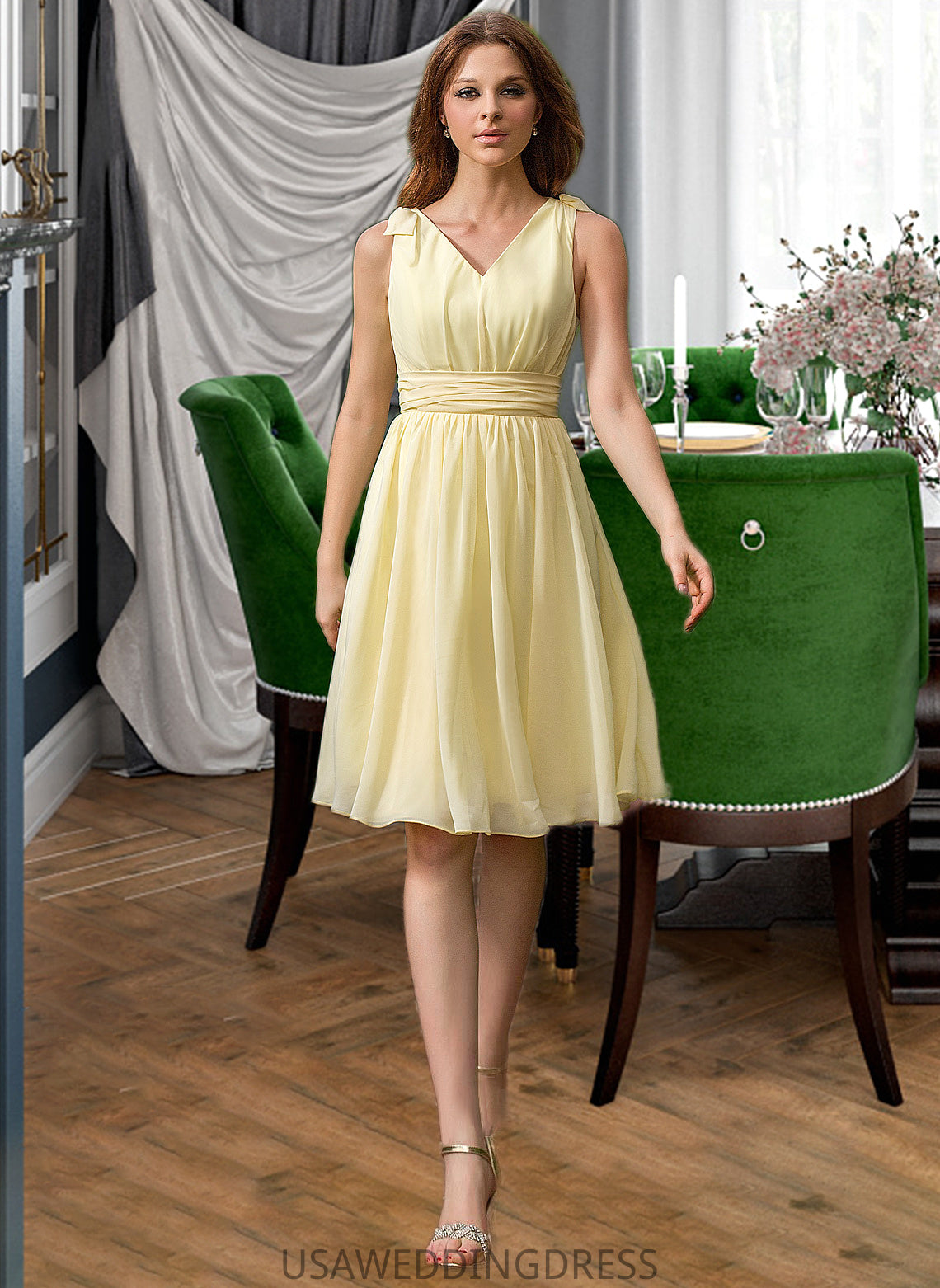 Riley Chiffon V-neck Knee-length A-Line Bridesmaid Dress DSP0012934