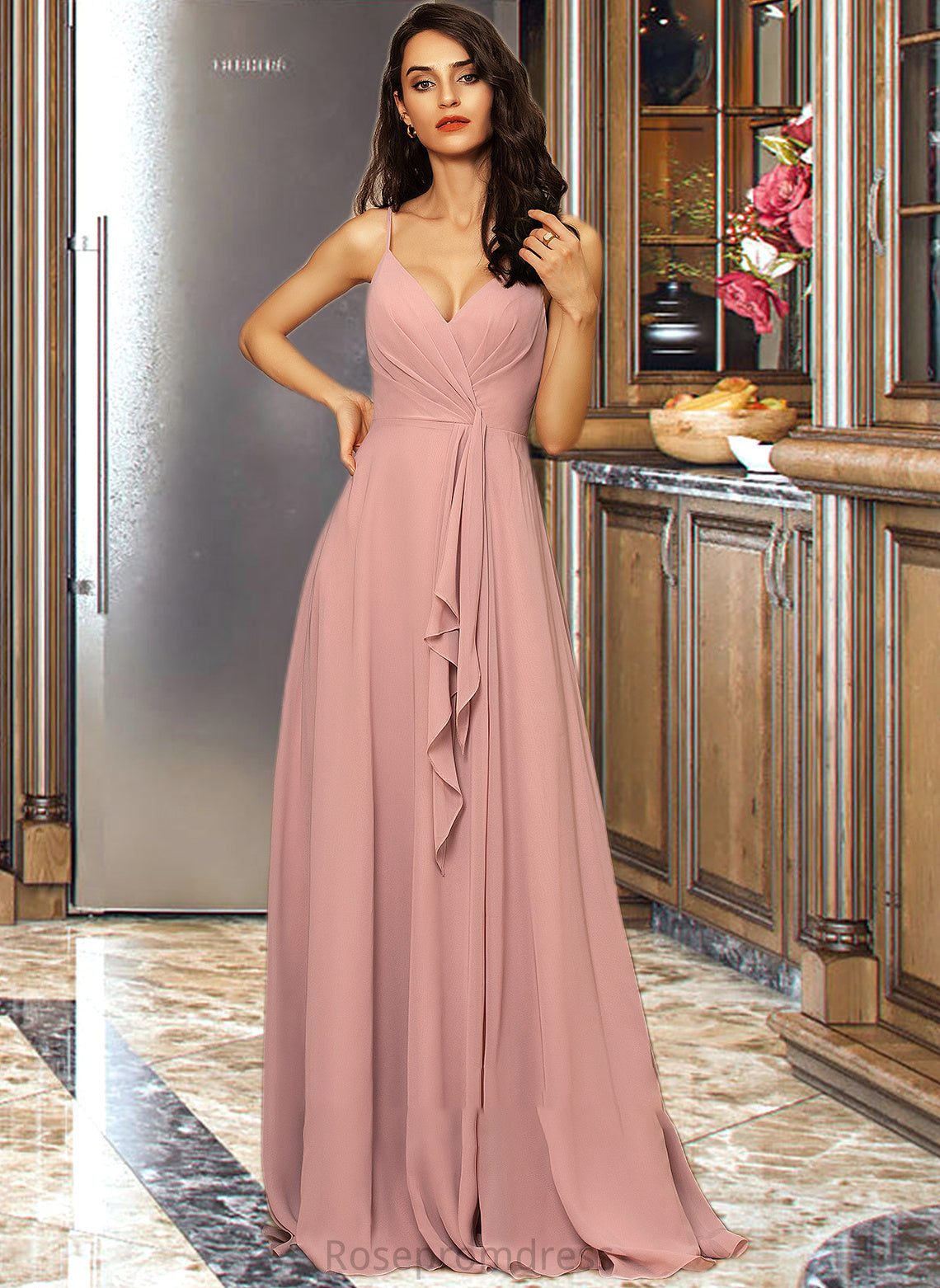 Jasmin A-Line V-neck Floor-Length Chiffon Bridesmaid Dress With Ruffle Split Front SRSP0012936