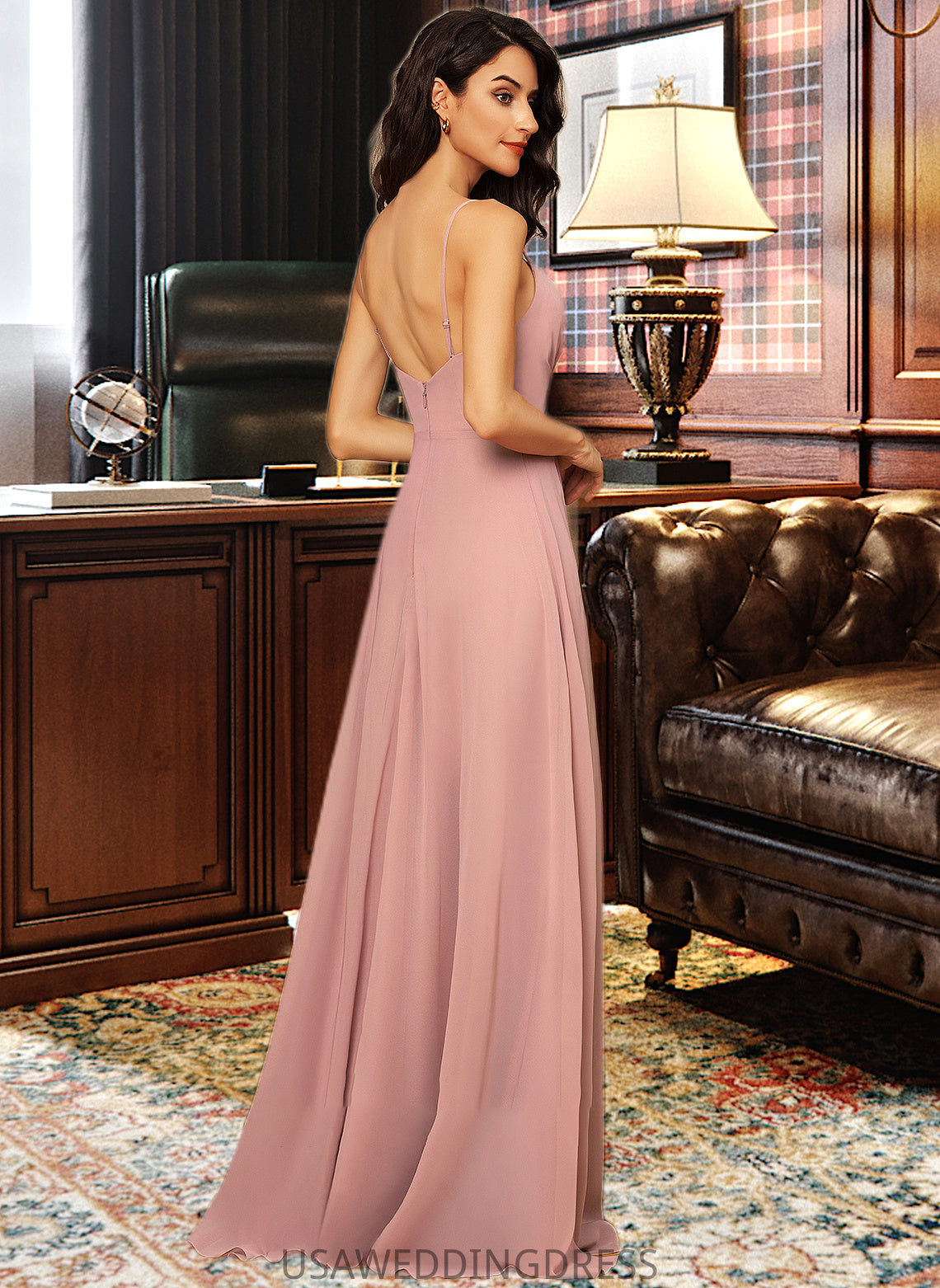 Pamela A-Line V-neck Floor-Length Chiffon Bridesmaid Dress With Ruffle Split Front DSP0012936