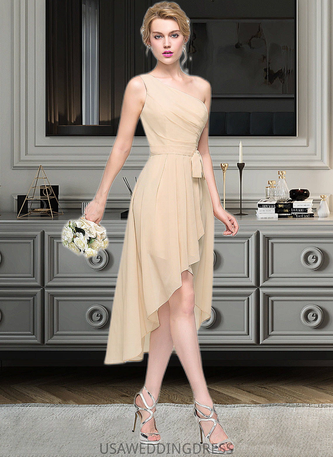 Adrianna A-Line One-Shoulder Asymmetrical Chiffon Bridesmaid Dress With Ruffle Bow(s) Cascading Ruffles DSP0012937