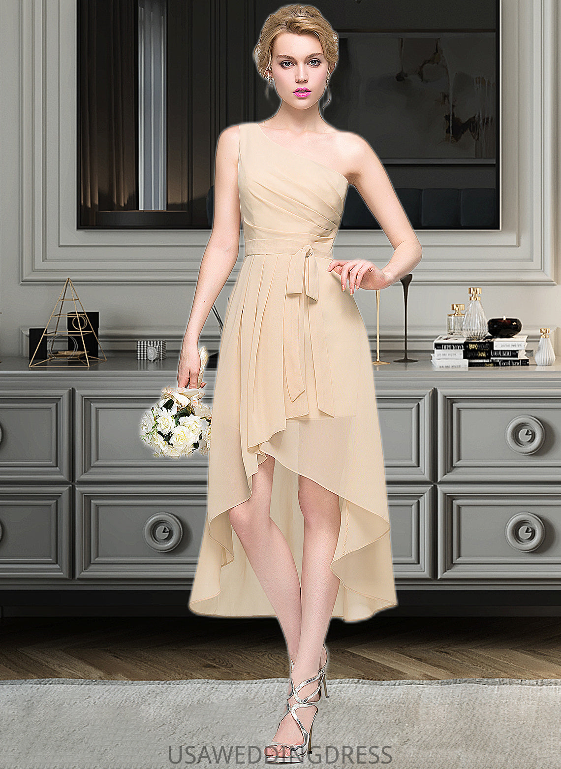 Adrianna A-Line One-Shoulder Asymmetrical Chiffon Bridesmaid Dress With Ruffle Bow(s) Cascading Ruffles DSP0012937