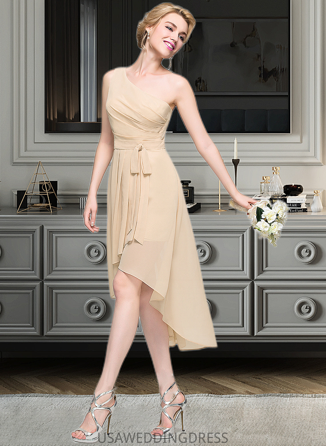 Adrianna A-Line One-Shoulder Asymmetrical Chiffon Bridesmaid Dress With Ruffle Bow(s) Cascading Ruffles DSP0012937