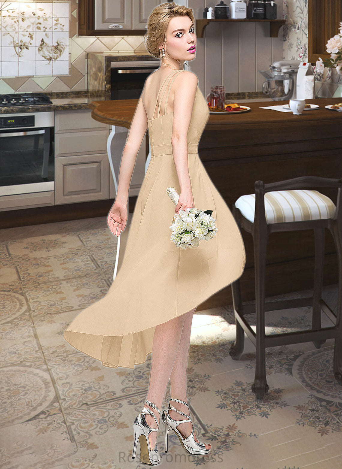 Callie A-Line One-Shoulder Asymmetrical Chiffon Bridesmaid Dress With Ruffle Bow(s) Cascading Ruffles SRSP0012937