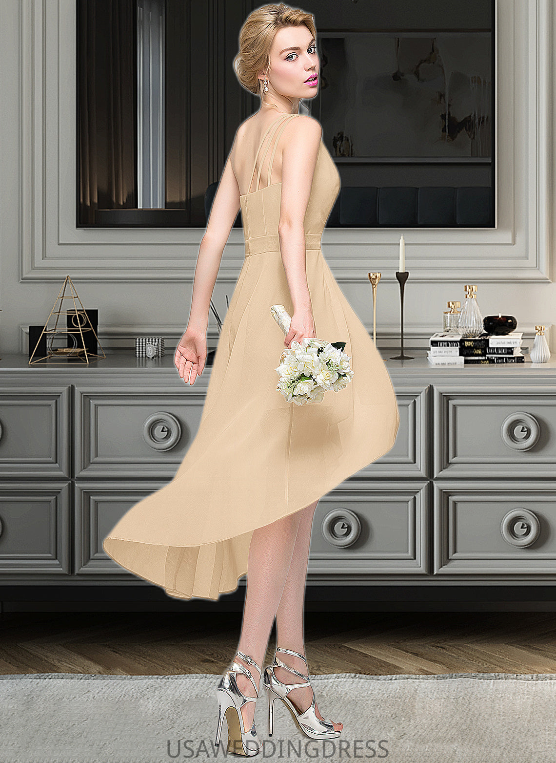 Adrianna A-Line One-Shoulder Asymmetrical Chiffon Bridesmaid Dress With Ruffle Bow(s) Cascading Ruffles DSP0012937