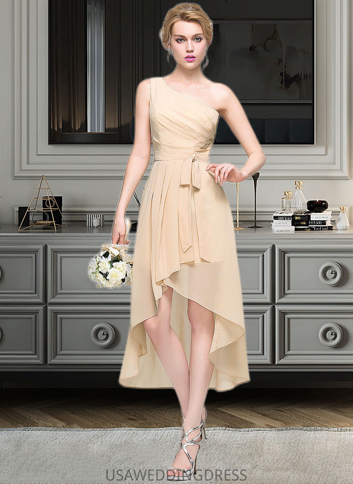 Adrianna A-Line One-Shoulder Asymmetrical Chiffon Bridesmaid Dress With Ruffle Bow(s) Cascading Ruffles DSP0012937