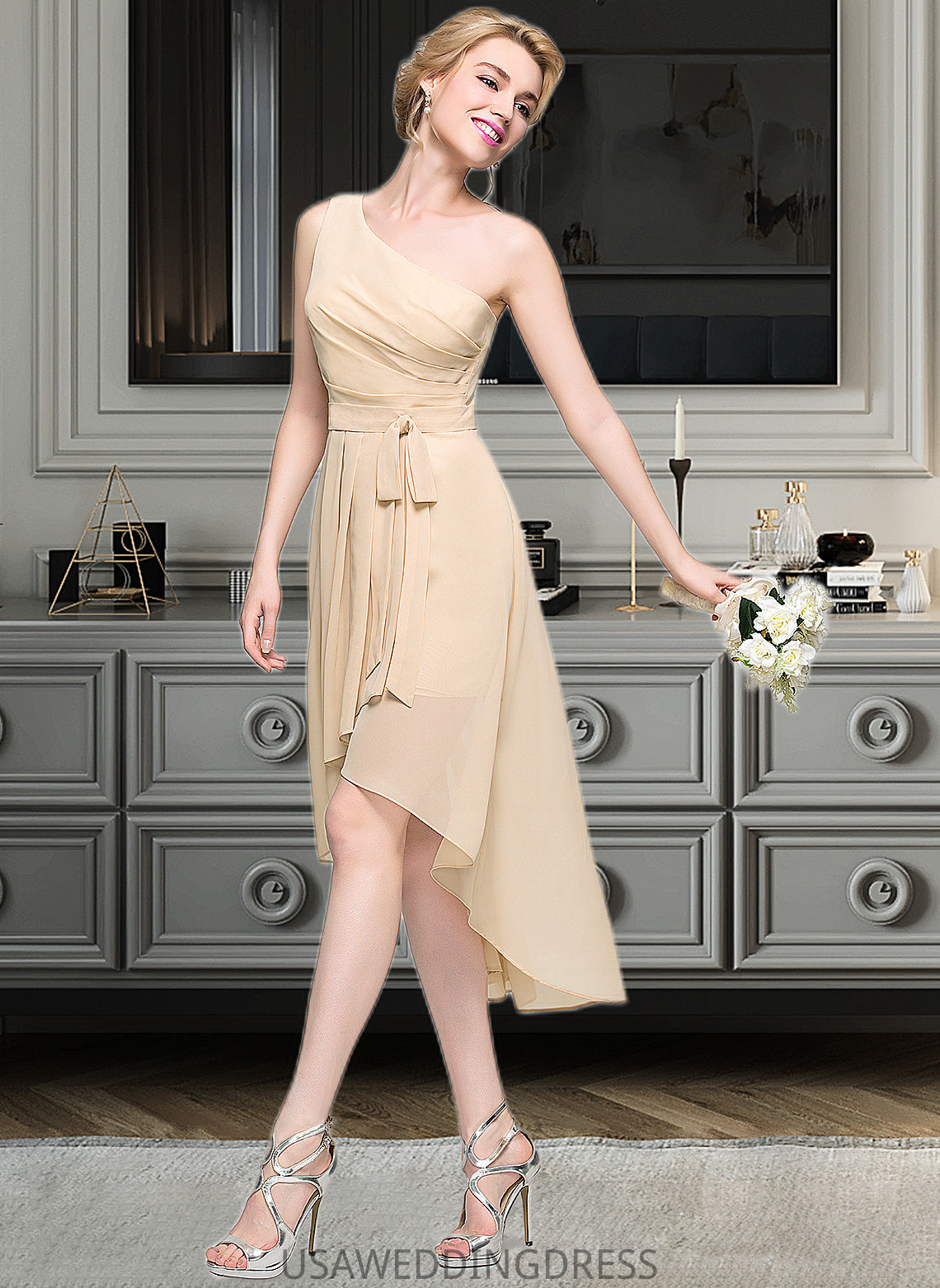 Adrianna A-Line One-Shoulder Asymmetrical Chiffon Bridesmaid Dress With Ruffle Bow(s) Cascading Ruffles DSP0012937
