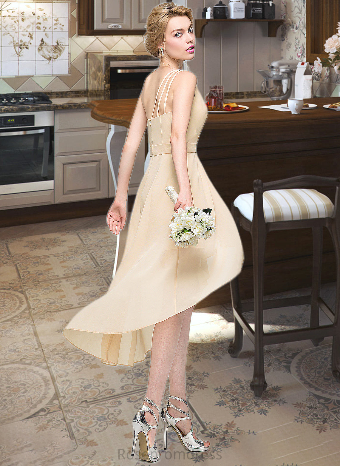 Callie A-Line One-Shoulder Asymmetrical Chiffon Bridesmaid Dress With Ruffle Bow(s) Cascading Ruffles SRSP0012937