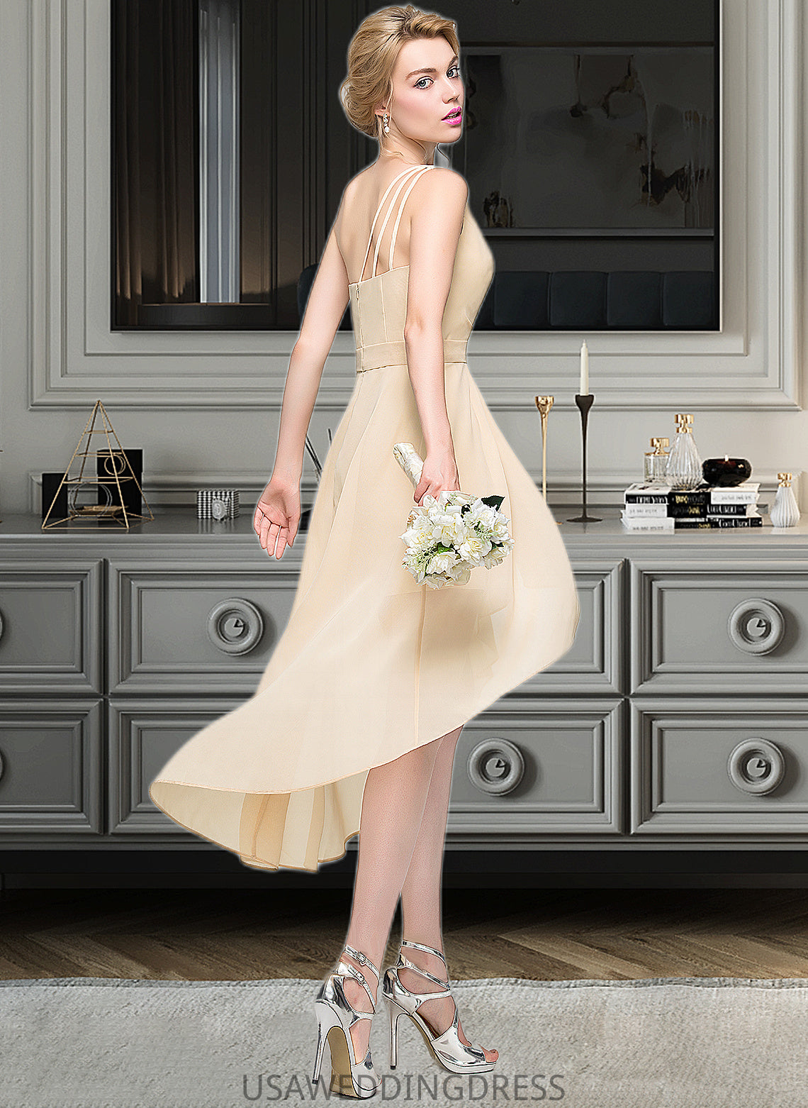 Adrianna A-Line One-Shoulder Asymmetrical Chiffon Bridesmaid Dress With Ruffle Bow(s) Cascading Ruffles DSP0012937