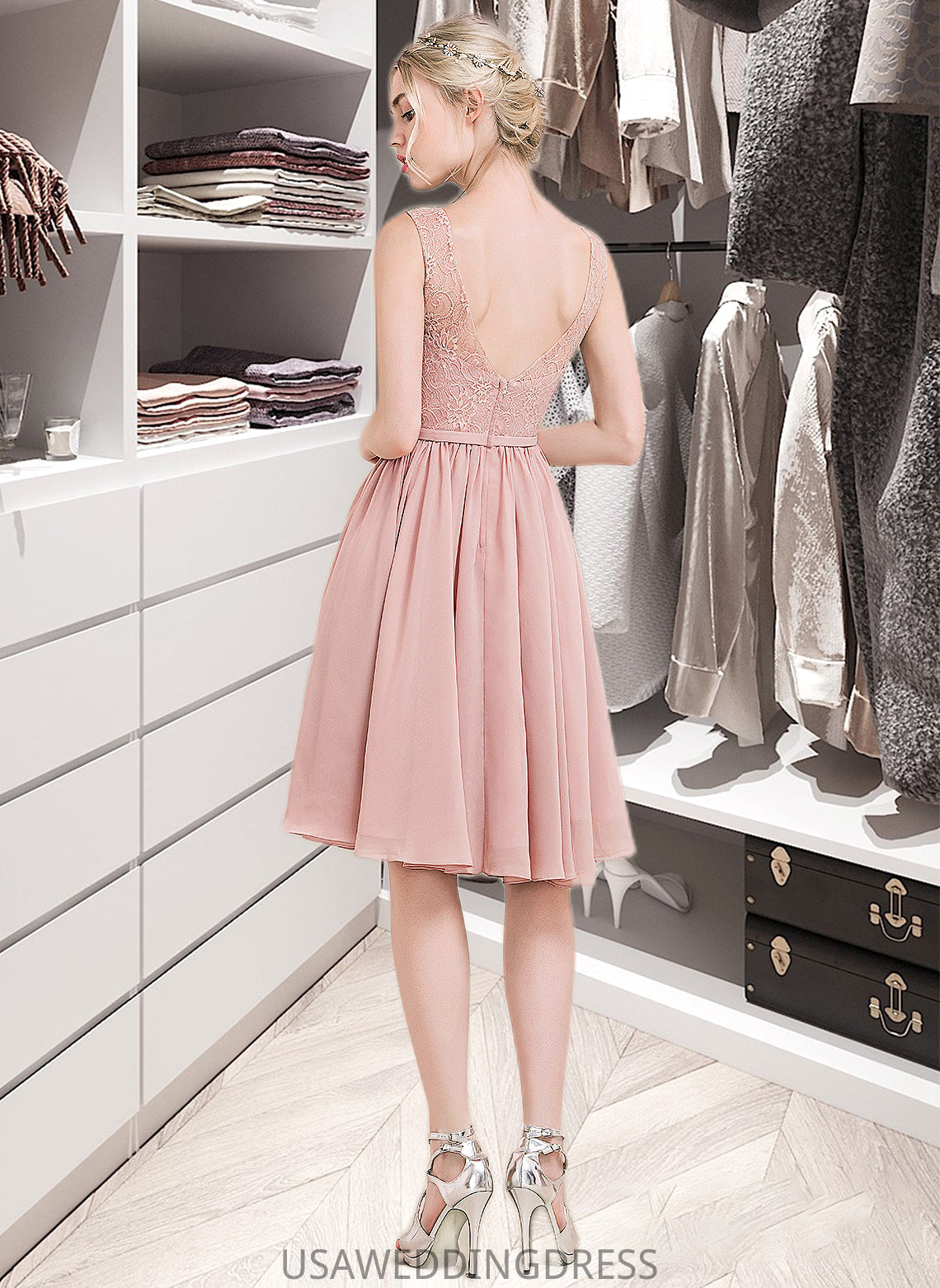 Meghan A-Line V-neck Knee-Length Chiffon Lace Bridesmaid Dress With Bow(s) DSP0012939