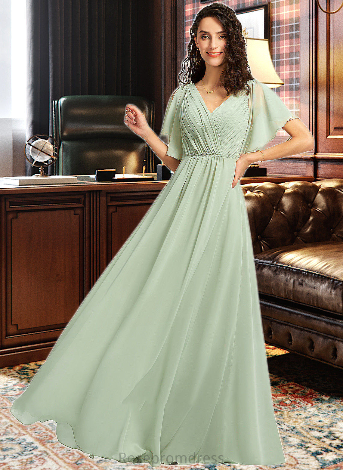 Aubrey A-Line V-neck Floor-Length Bridesmaid Dress With Ruffle SRSP0012940