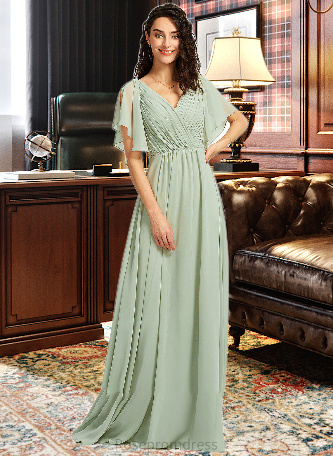 Aubrey A-Line V-neck Floor-Length Bridesmaid Dress With Ruffle SRSP0012940