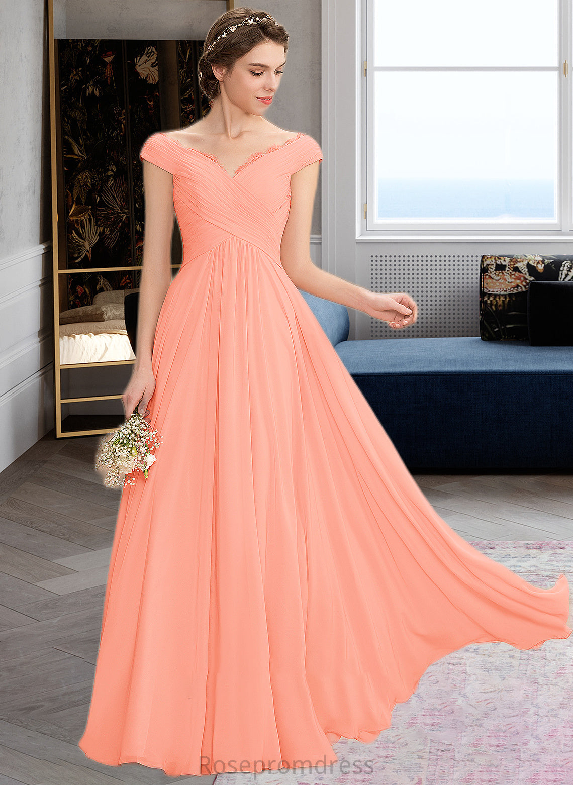 Mckenna A-Line Off-the-Shoulder Floor-Length Chiffon Bridesmaid Dress With Ruffle Lace SRSP0012941