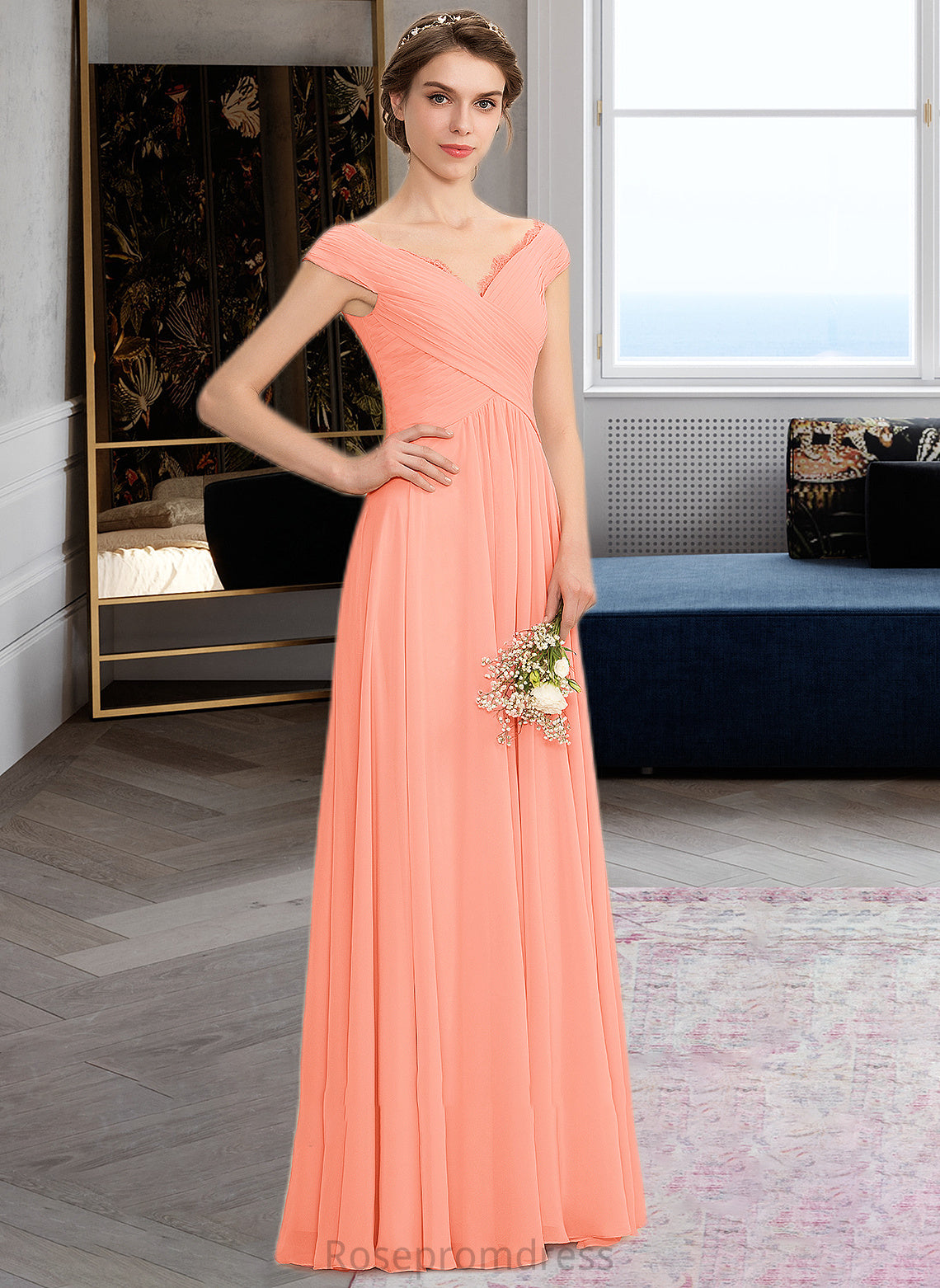 Mckenna A-Line Off-the-Shoulder Floor-Length Chiffon Bridesmaid Dress With Ruffle Lace SRSP0012941