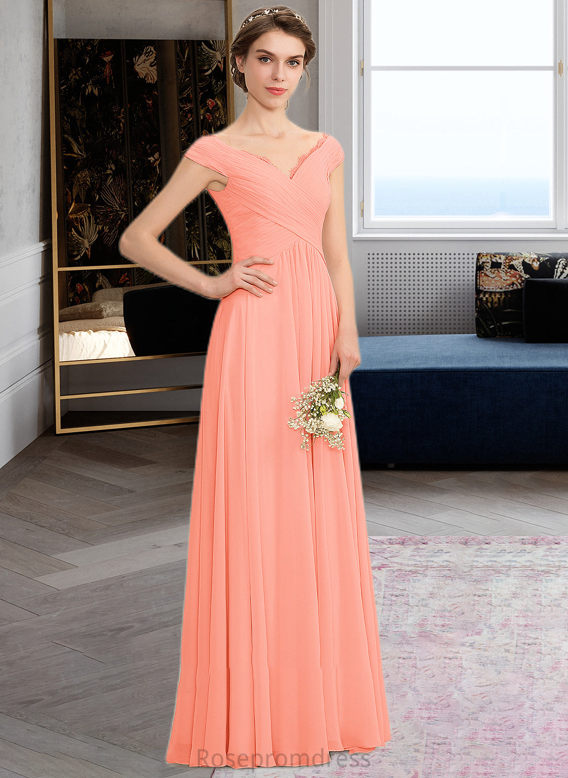 Mckenna A-Line Off-the-Shoulder Floor-Length Chiffon Bridesmaid Dress With Ruffle Lace SRSP0012941