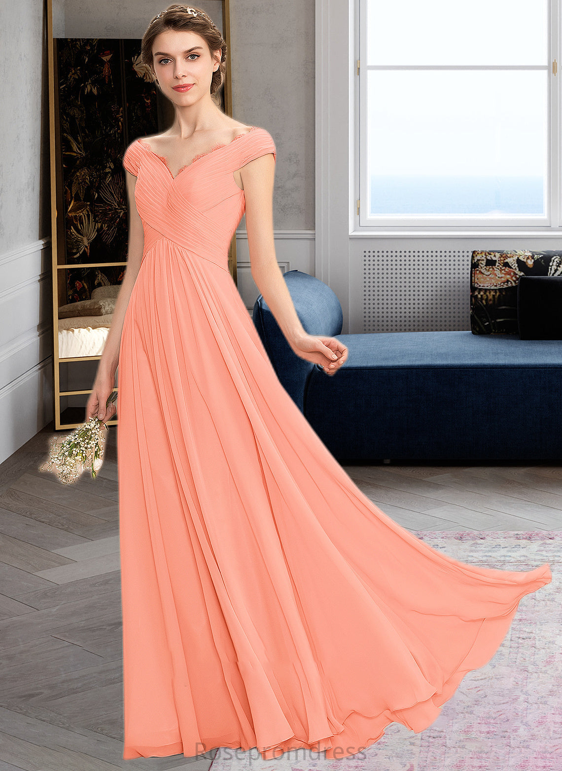 Mckenna A-Line Off-the-Shoulder Floor-Length Chiffon Bridesmaid Dress With Ruffle Lace SRSP0012941