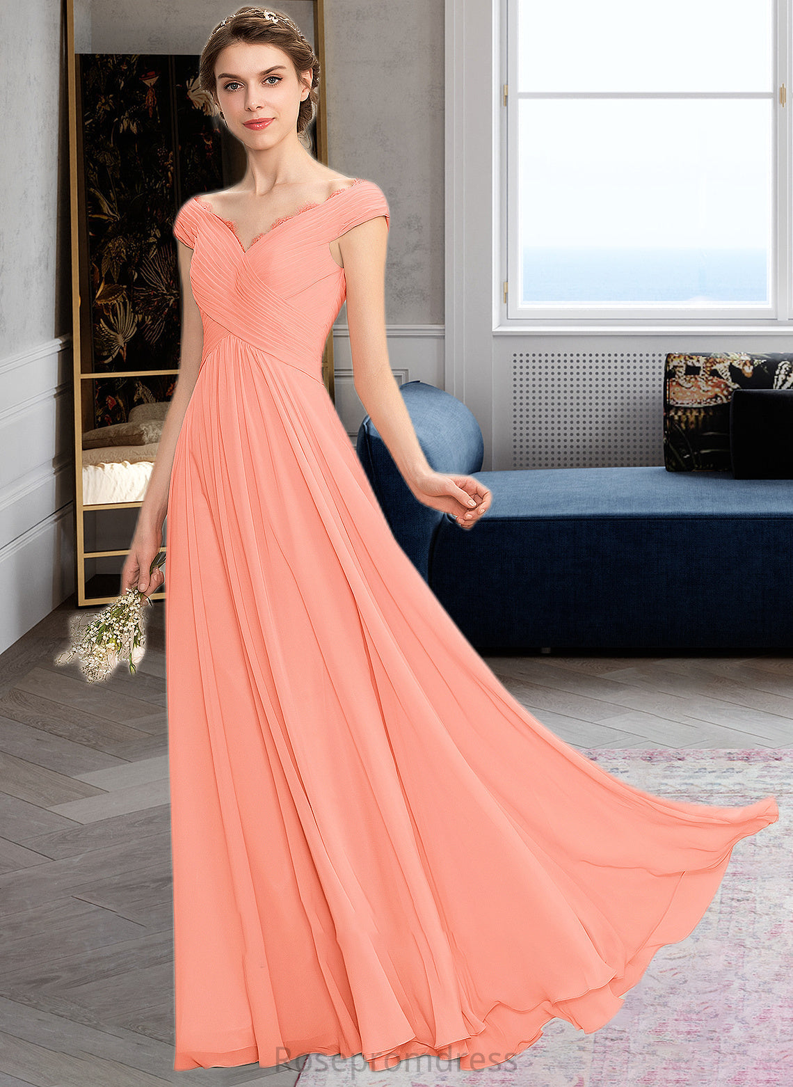 Mckenna A-Line Off-the-Shoulder Floor-Length Chiffon Bridesmaid Dress With Ruffle Lace SRSP0012941